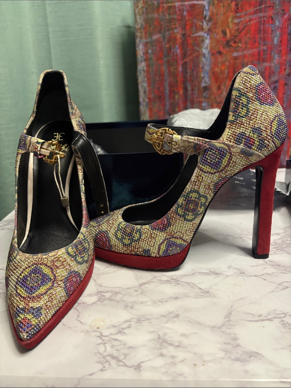 Fabi Multicolor Jeweled Pointed-Toe Mary Jane Heels - Picture 2 of 8